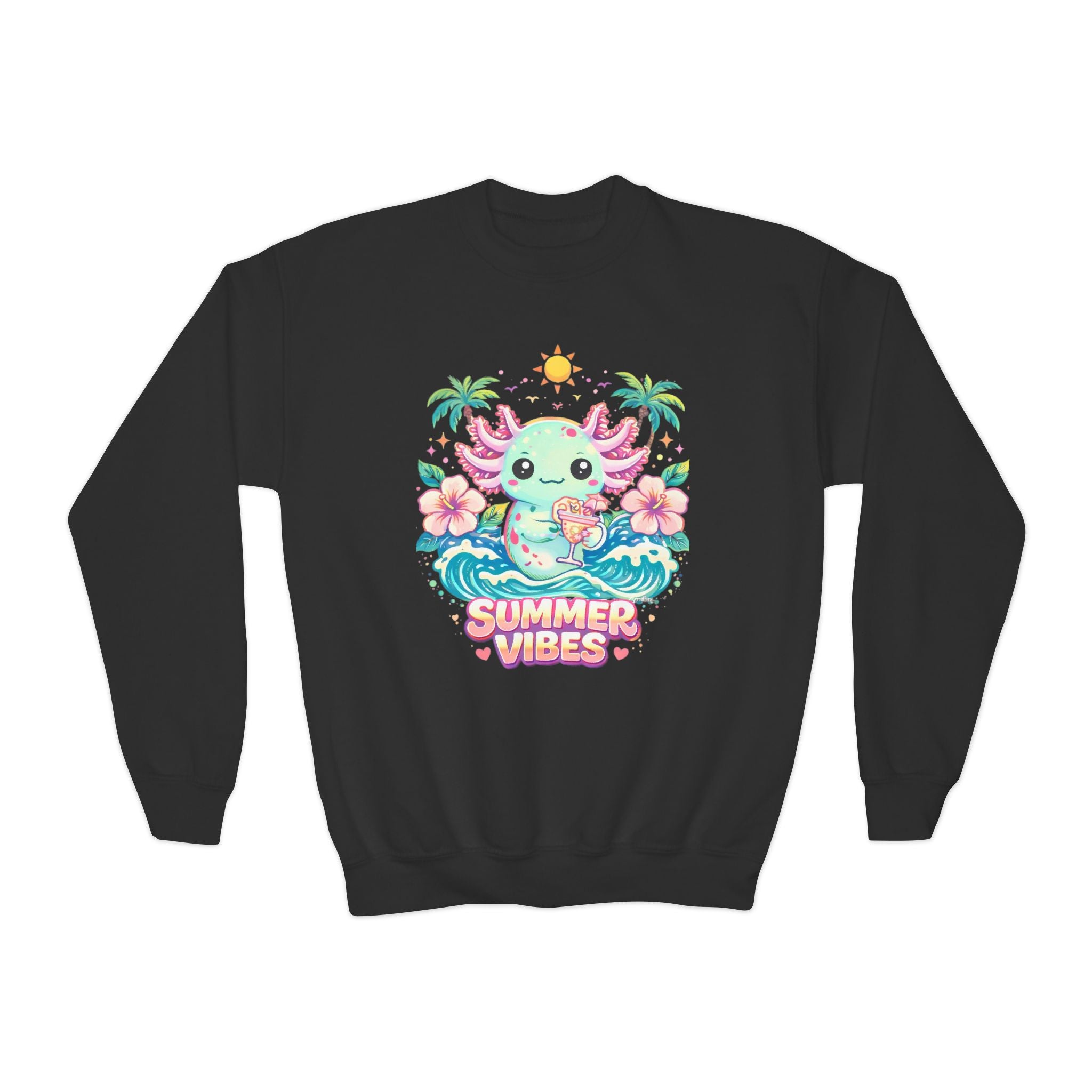Youth Sweatshirt — Cute Axolotl "Summer Vibes" Crewneck for Kids