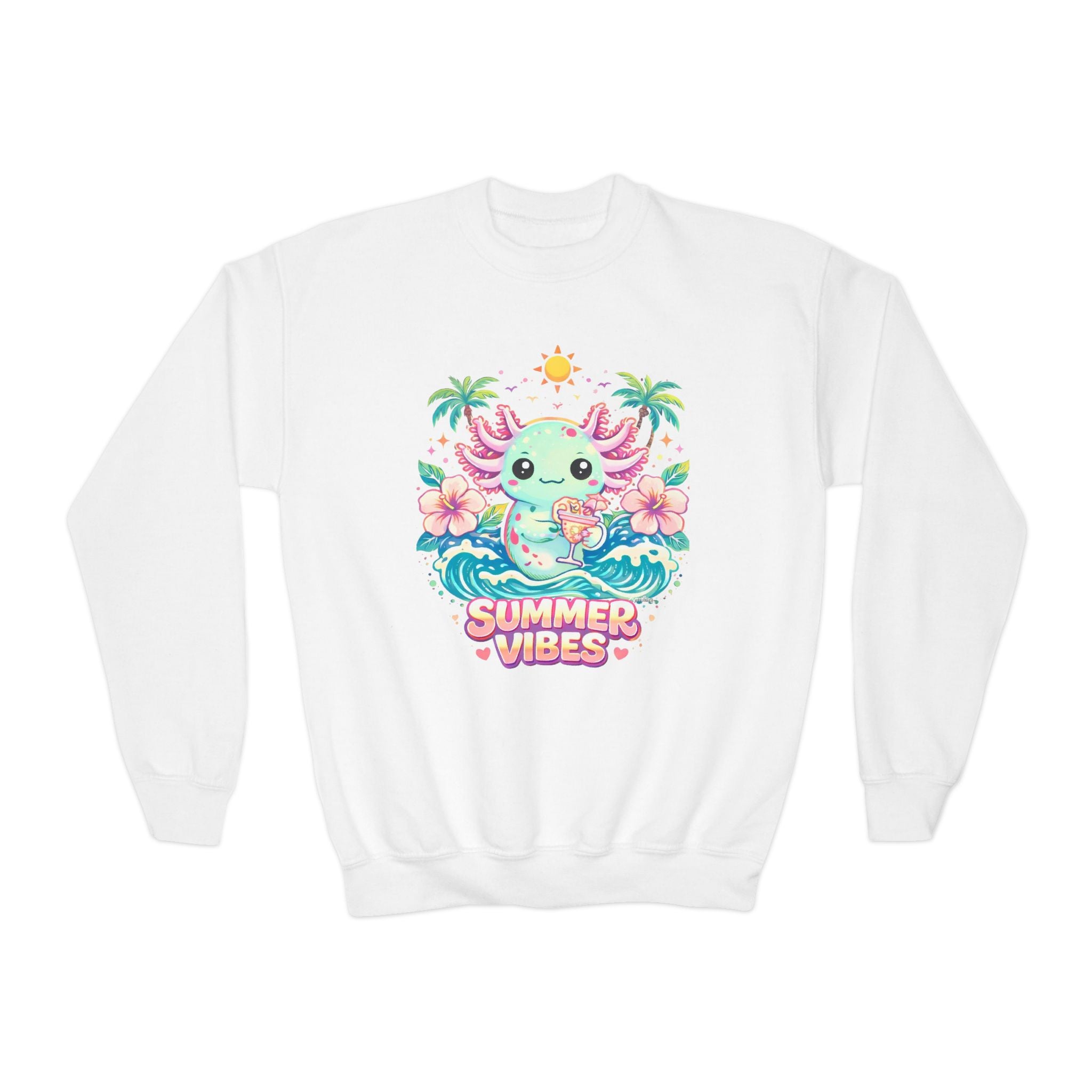 Youth Sweatshirt — Cute Axolotl "Summer Vibes" Crewneck for Kids