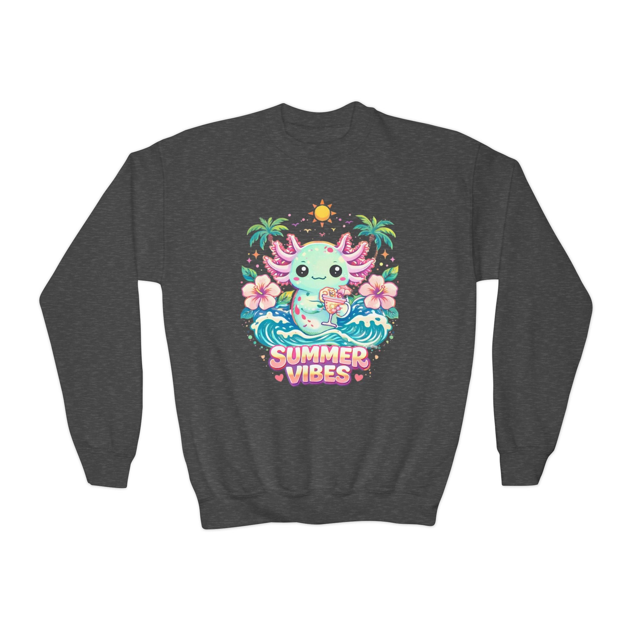 Youth Sweatshirt — Cute Axolotl "Summer Vibes" Crewneck for Kids