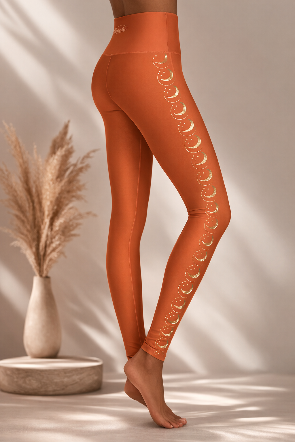 Luxe Orange Leggings with Crescent Moon Side Print