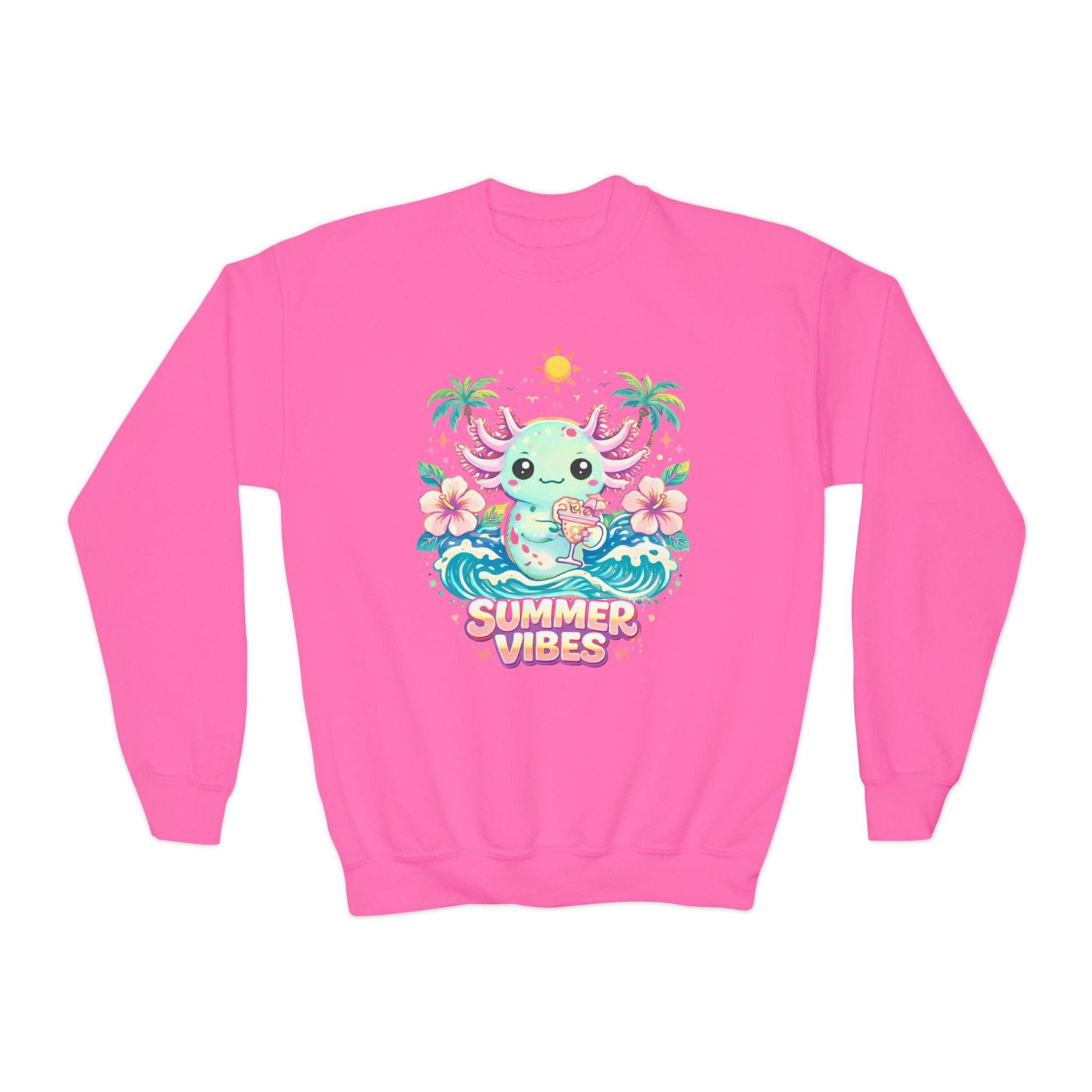 Youth Sweatshirt — Cute Axolotl "Summer Vibes" Crewneck for Kids
