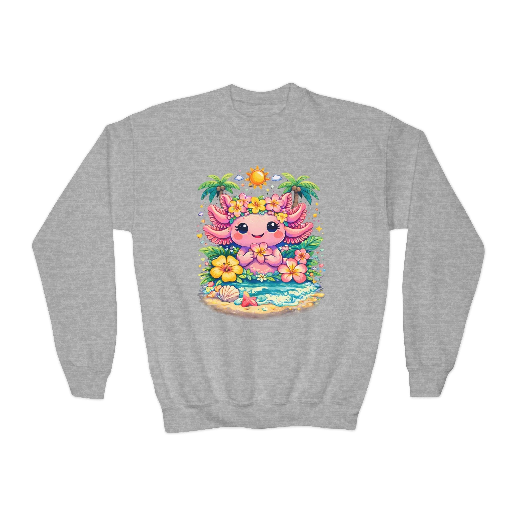 Axolotl Beach Youth Sweatshirt — Cute Tropical Sunflower Design - Zyrelia Official