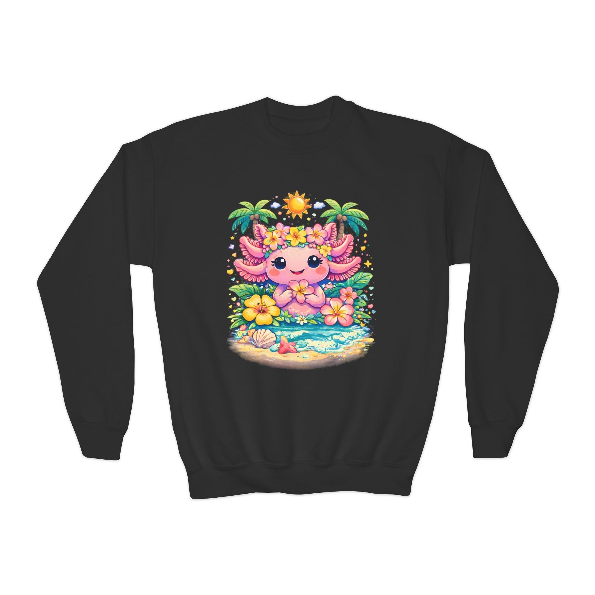 Axolotl Beach Youth Sweatshirt — Cute Tropical Sunflower Design - Zyrelia Official