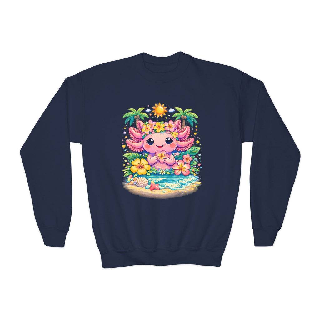 Axolotl Beach Youth Sweatshirt — Cute Tropical Sunflower Design - Zyrelia Official