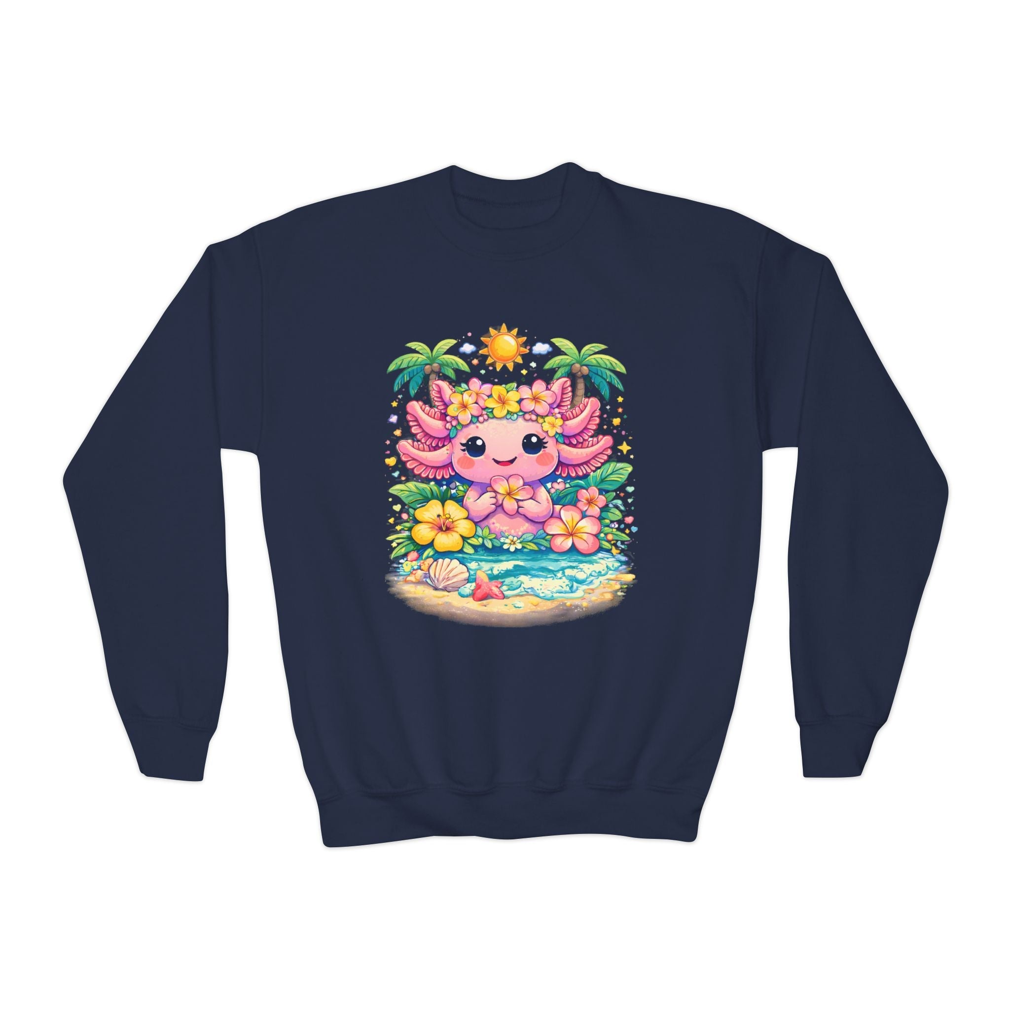 Axolotl Beach Youth Sweatshirt — Cute Tropical Sunflower Design - Zyrelia Official