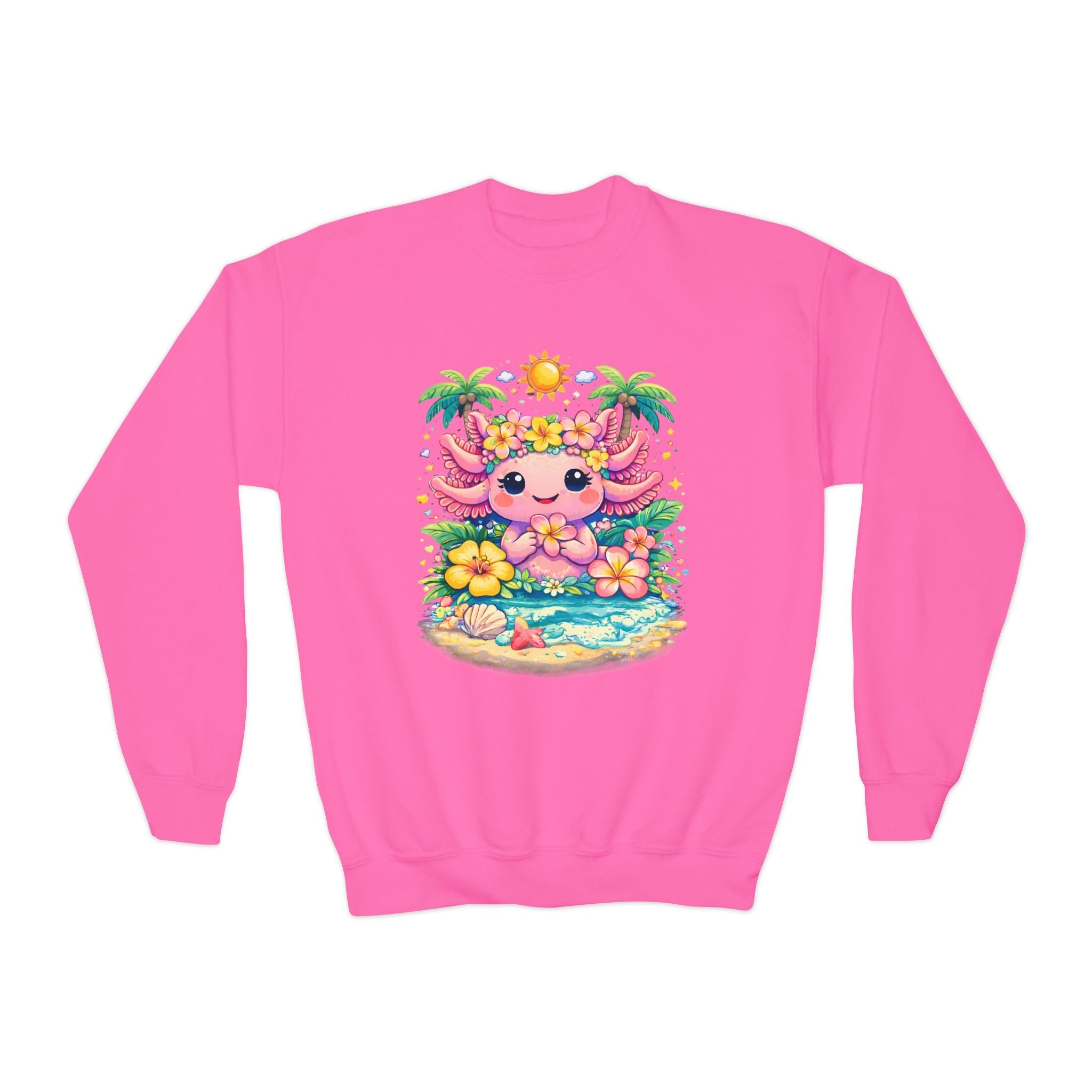 Axolotl Beach Youth Sweatshirt — Cute Tropical Sunflower Design - Zyrelia Official