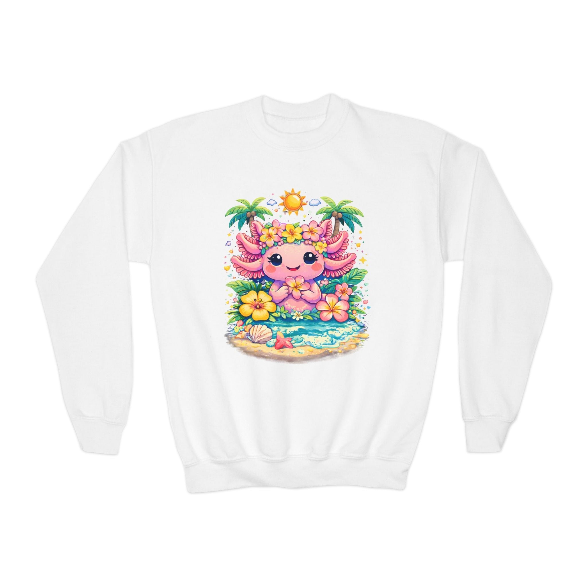 Axolotl Beach Youth Sweatshirt — Cute Tropical Sunflower Design - Zyrelia Official