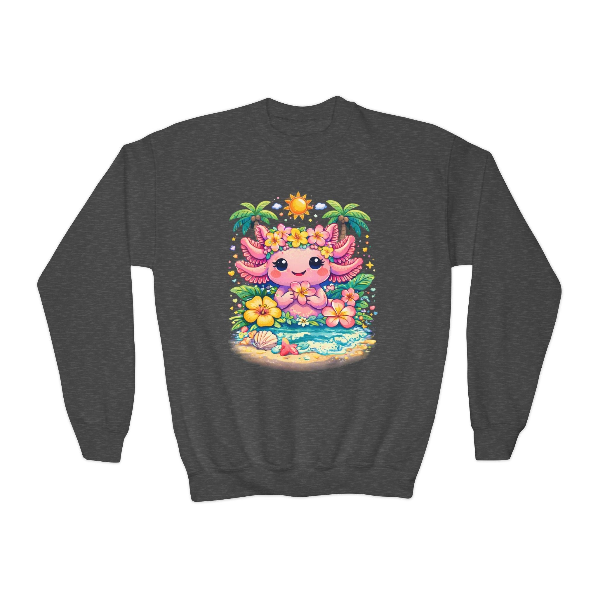 Axolotl Beach Youth Sweatshirt — Cute Tropical Sunflower Design - Zyrelia Official