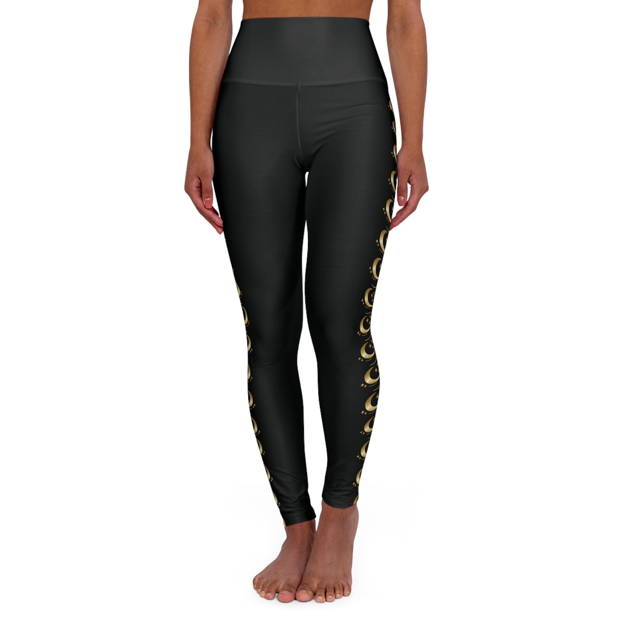 Luxe Black Leggings with Gold Crescent Moon Side Print - Zyrelia Official