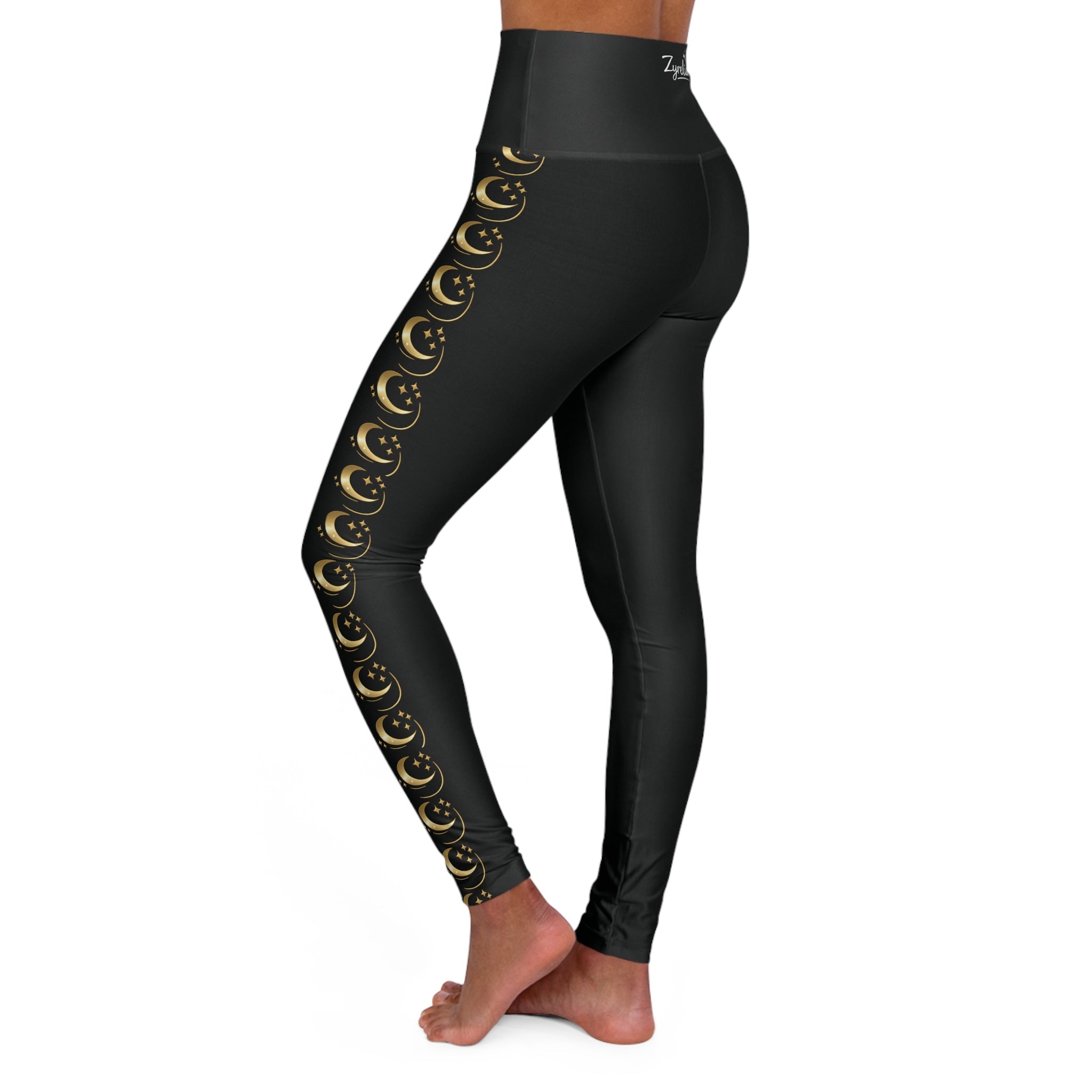 Luxe Black Leggings with Gold Crescent Moon Side Print - Zyrelia Official