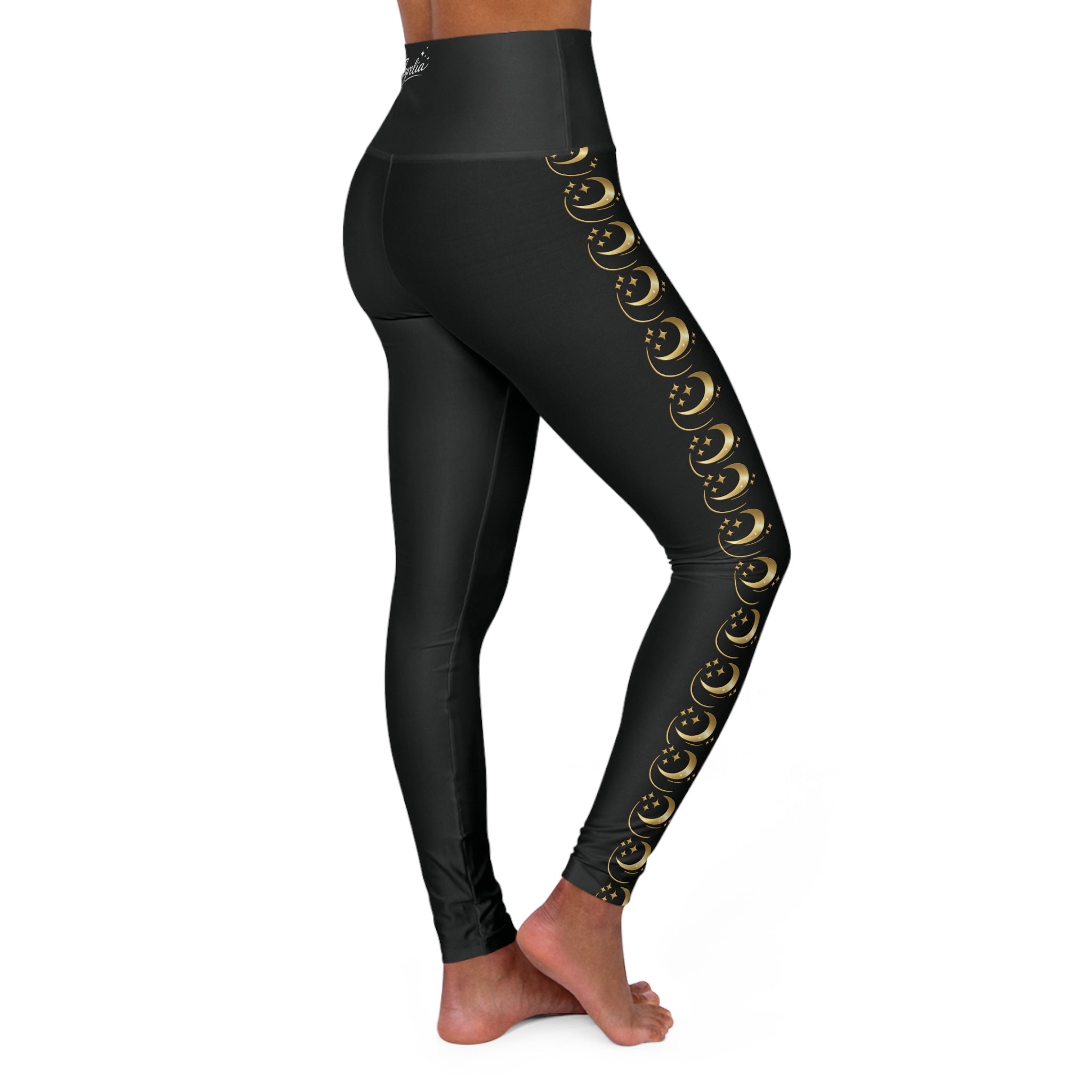 Luxe Black Leggings with Gold Crescent Moon Side Print - Zyrelia Official