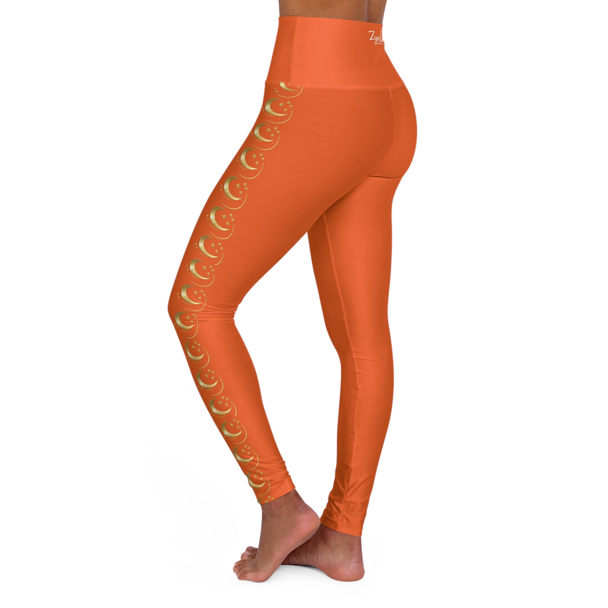 Luxe Orange Leggings with Crescent Moon Side Print - Zyrelia Official